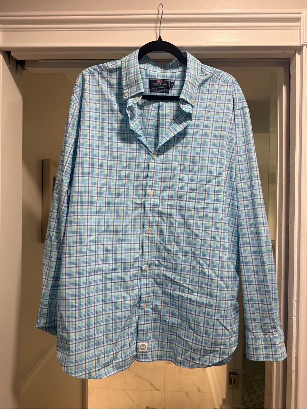 Vineyard Vines Light Blue and Green Plaid Button-Down Shirt